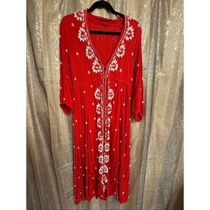 Free People Embroidered Fable Midi Dress Rock N Roll Red Medium
